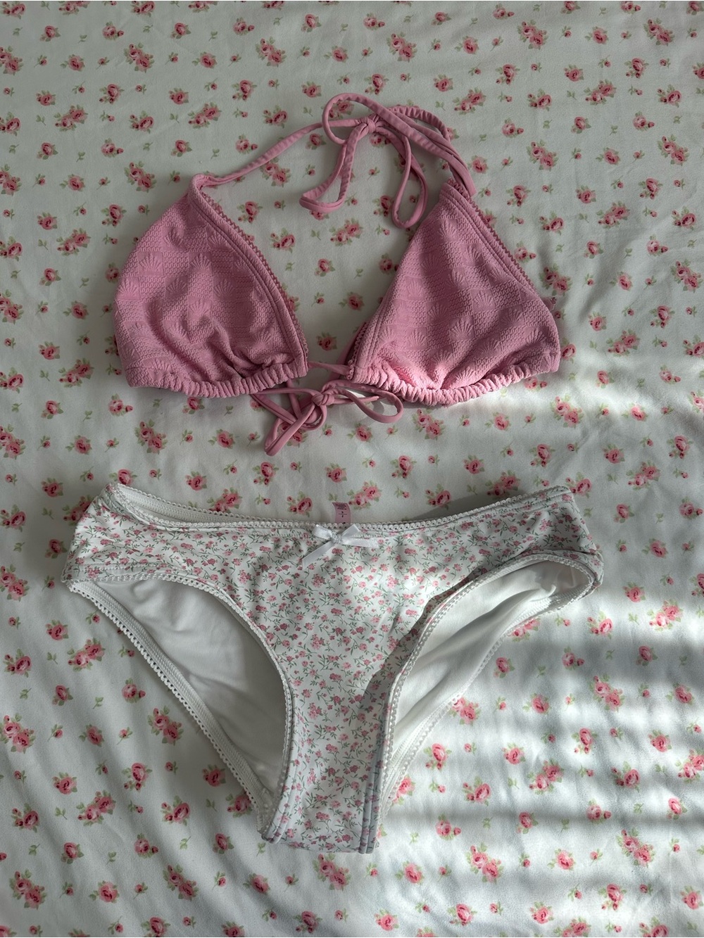 Ardene Pink Triangle Top with White Floral Briefs